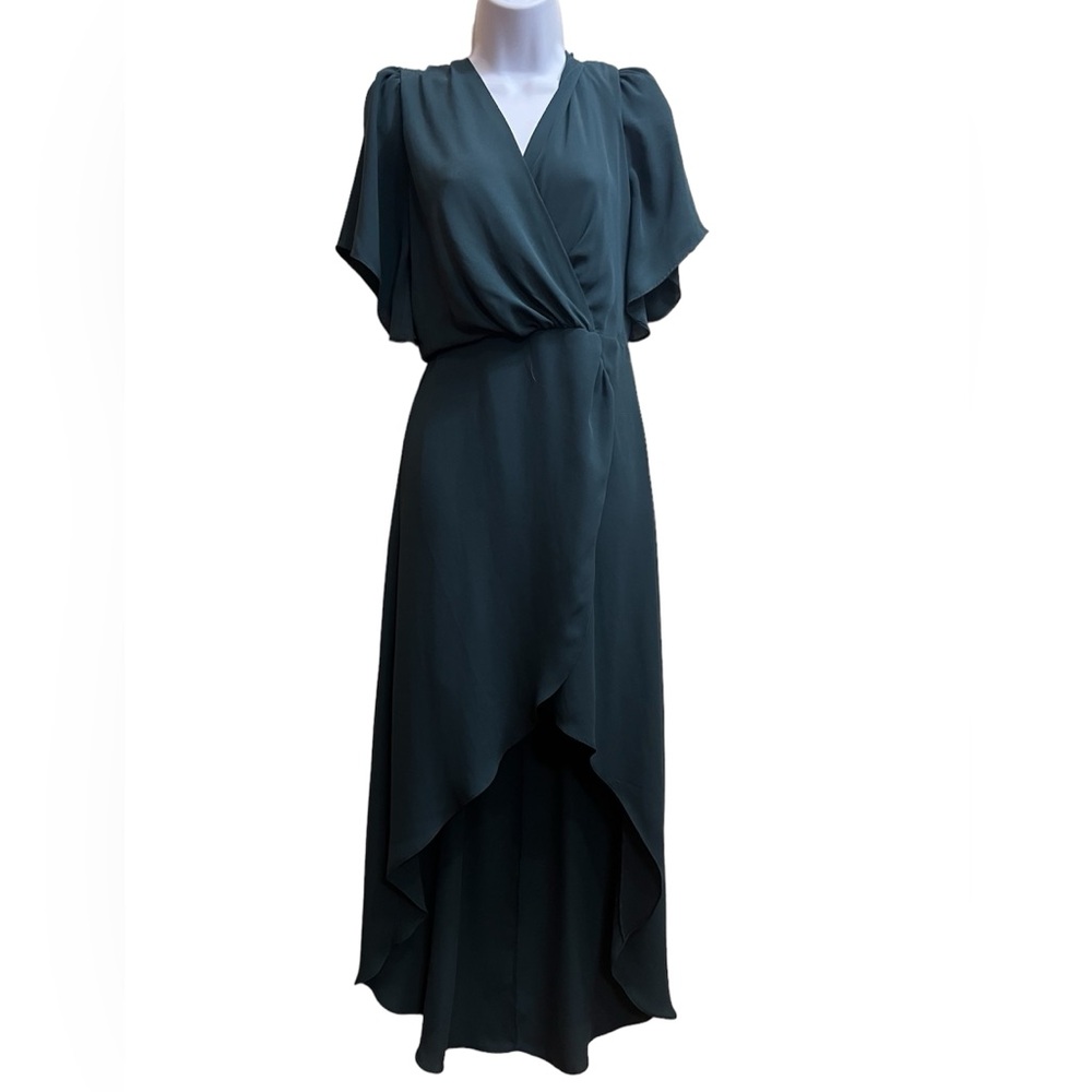 New York & Company green high low dress with flutter sleeves size S